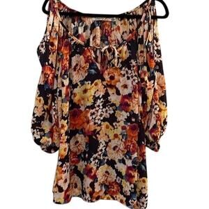 Liberty Love Cold Open Shoulder Neutral Floral Flowy Blouse Shirt Top - 2XL XXL
